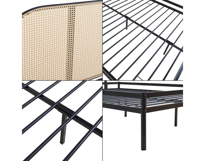 Метално легло Linköping с овална табла 160x200 см черно/ратан []