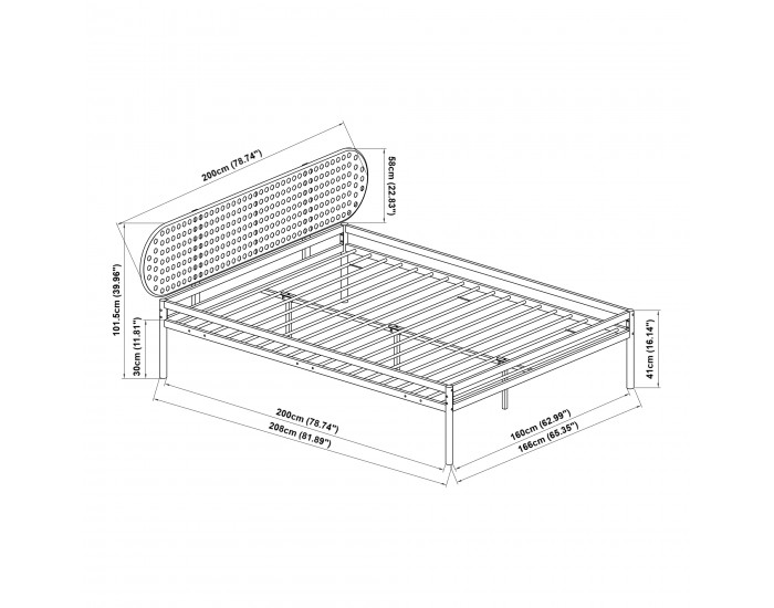 Метално легло Linköping с овална табла и матрак 160x200 см черно/ратан []