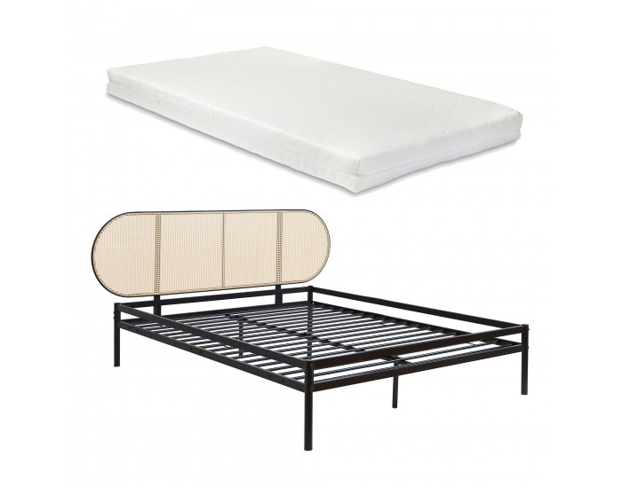 Метално легло Linköping с овална табла и матрак 160x200 см черно/ратан []