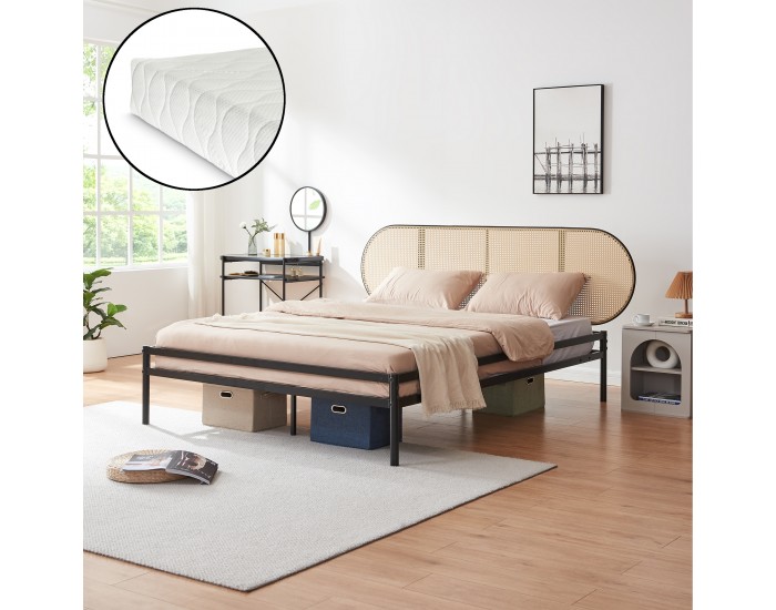 Метално легло Linköping с овална табла и матрак 160x200 см черно/ратан []