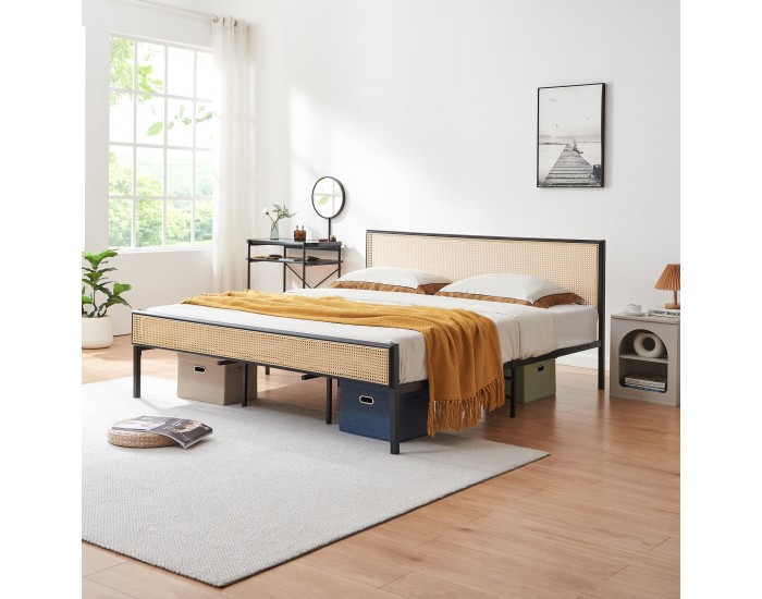 Метално легло Linköping с правоъгълна табла 180x200 см черно/ратан []