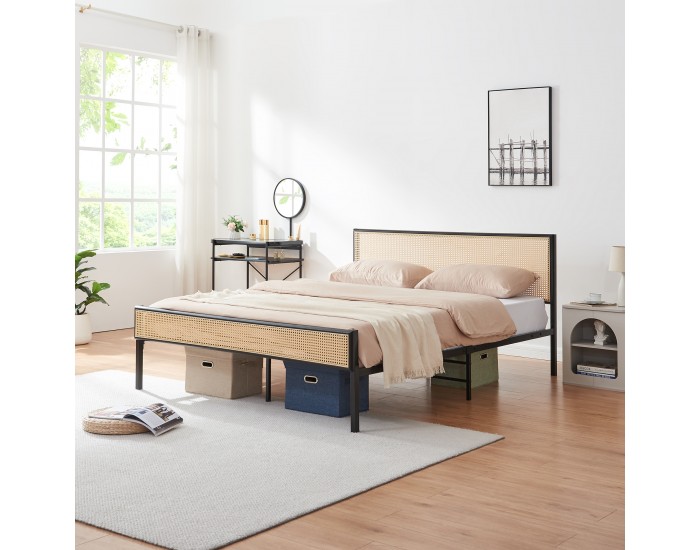 Метално легло Linköping с правоъгълна табла 160x200 см черно/ратан []