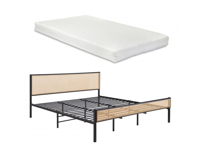 Метално легло Linköping с правоъгълна табла и матрак 180x200 см черно/ратан []