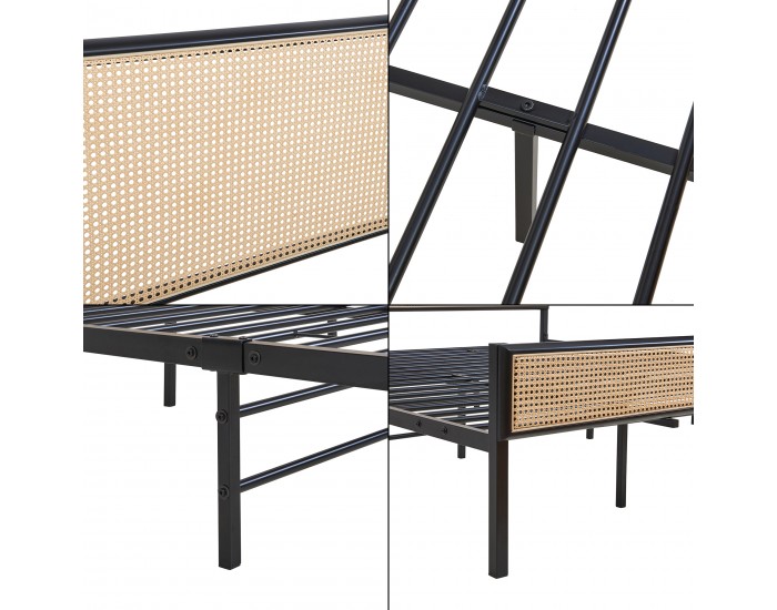 Метално легло Linköping с правоъгълна табла и матрак 180x200 см черно/ратан []