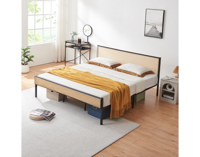 Метално легло Linköping с правоъгълна табла и матрак 180x200 см черно/ратан []