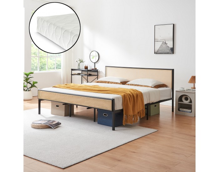 Метално легло Linköping с правоъгълна табла и матрак 180x200 см черно/ратан []