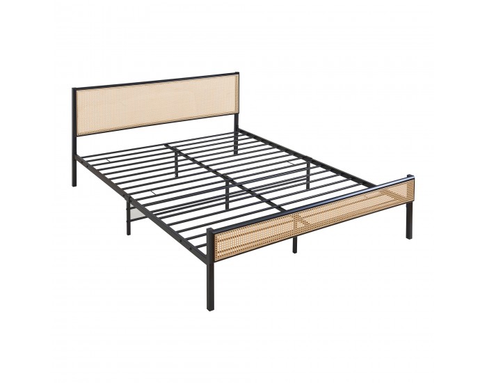 Метално легло Linköping с правоъгълна табла и матрак 160x200 см черно/ратан []