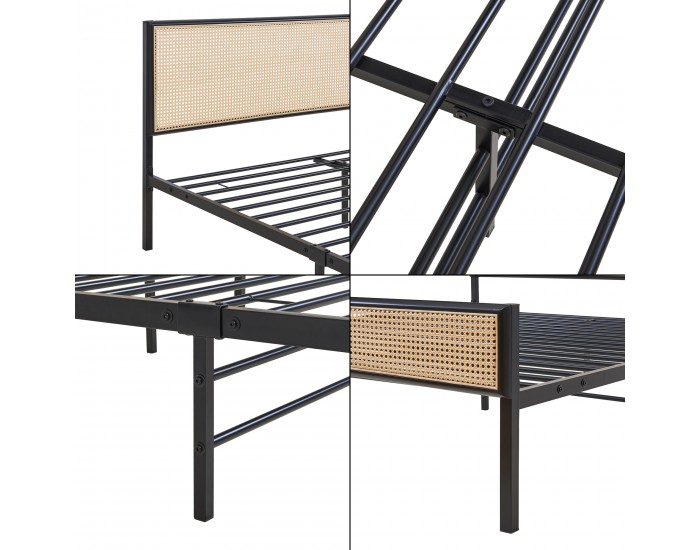 Метално легло Linköping с правоъгълна табла и матрак 160x200 см черно/ратан []