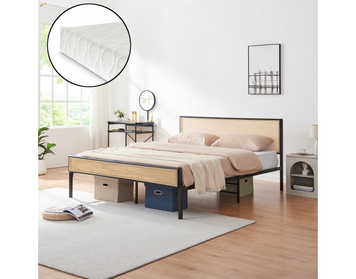 Метално легло Linköping с правоъгълна табла и матрак 160x200 см черно/ратан []