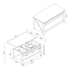 Маса за кафе Kasama с повдигащ плот и място за съхранение 110x55x54 см вид на орех/бяло [] - Холни маси
