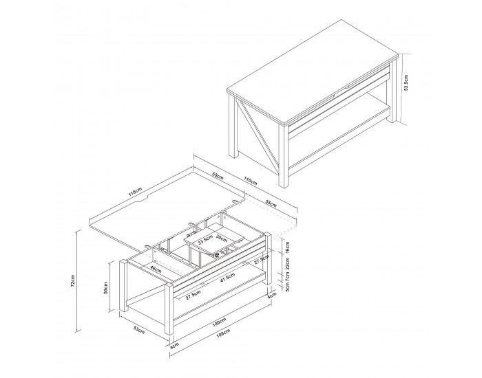 Маса за кафе Kasama с повдигащ плот и място за съхранение 110x55x54 см вид на орех/бяло []
