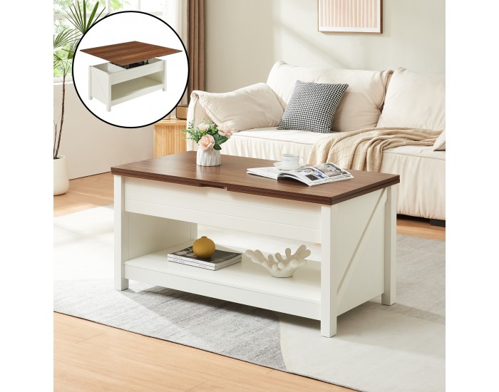 Маса за кафе Kasama с повдигащ плот и място за съхранение 110x55x54 см вид на орех/бяло []