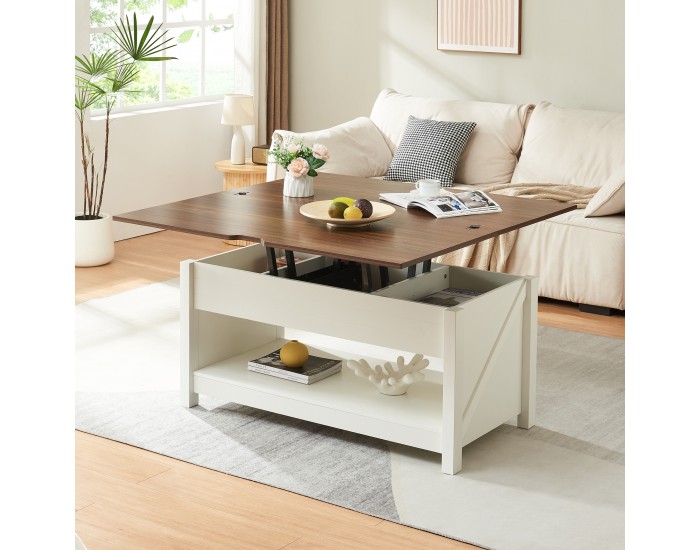 Маса за кафе Kasama с повдигащ плот и място за съхранение 110x55x54 см вид на орех/бяло []