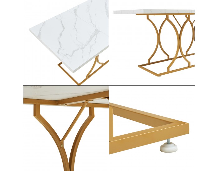 Трапезна маса Figa за 6 човека, мраморна визия, бяло/златно []