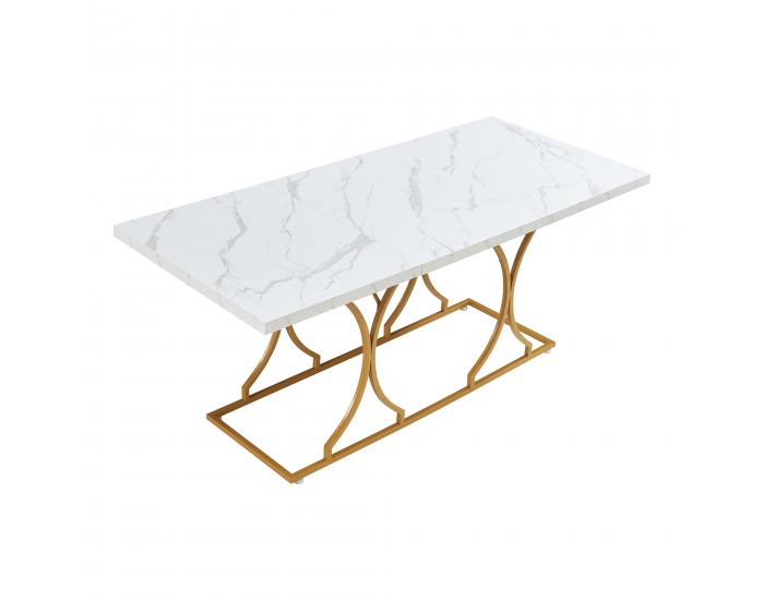 Трапезна маса Figa за 6 човека, мраморна визия, бяло/златно []