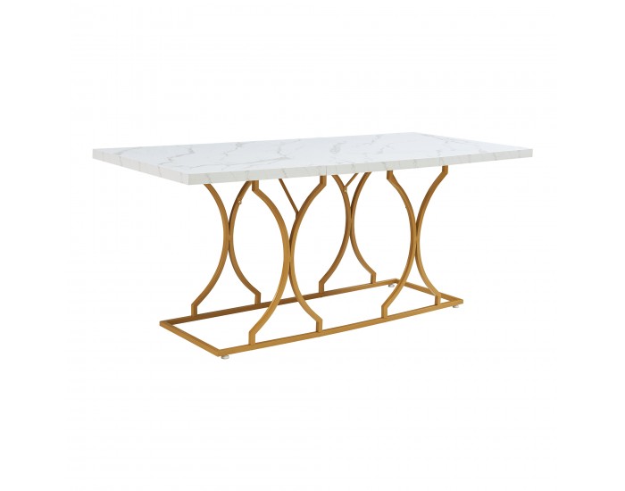 Трапезна маса Figa за 6 човека, мраморна визия, бяло/златно []