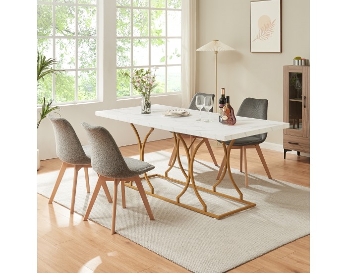 Трапезна маса Figa за 6 човека, мраморна визия, бяло/златно []