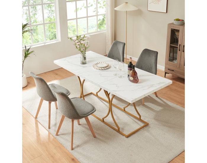 Трапезна маса Figa за 6 човека, мраморна визия, бяло/златно []