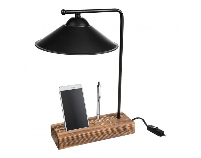 Настолна лампа Folkestone E27 масивно дърво метал черен / дърво []