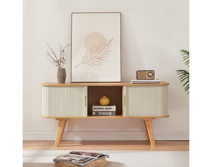 ТВ шкаф Tysvær 120x40x58 см бамбук/кремаво бял []