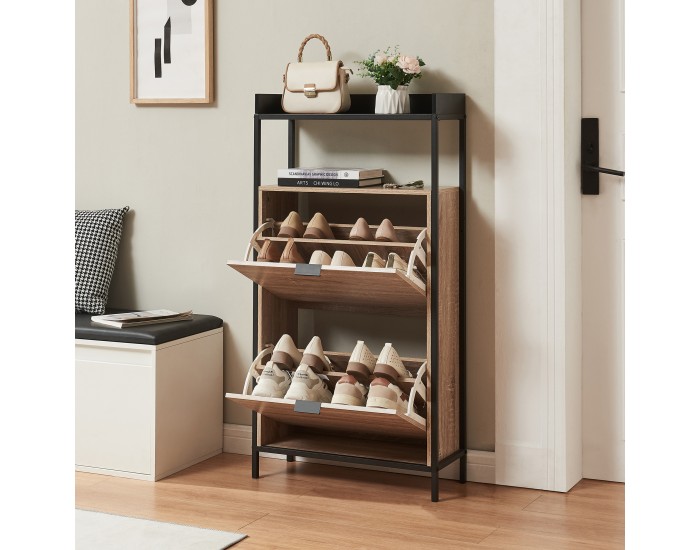 Поставка за обувки Belana с 2 капака 116x60x24 см черен/изглед дъб []