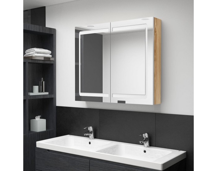 Sonata H LED шкаф с огледало за баня, бяло и дъб, 80x12x68 см