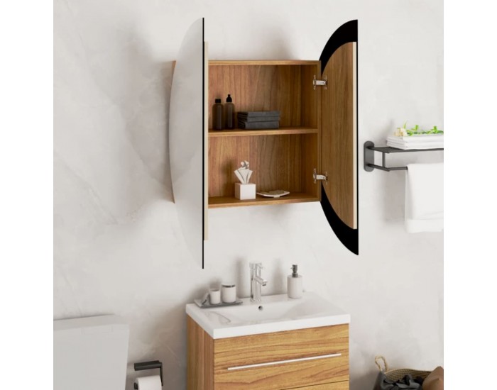 Sonata H Шкаф за баня с кръгло огледало и LED, дъб, 54x54x17,5 см