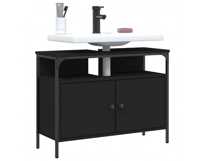 Sonata H Шкаф за мивка за баня, черен, 80x30x60 см, инженерно дърво