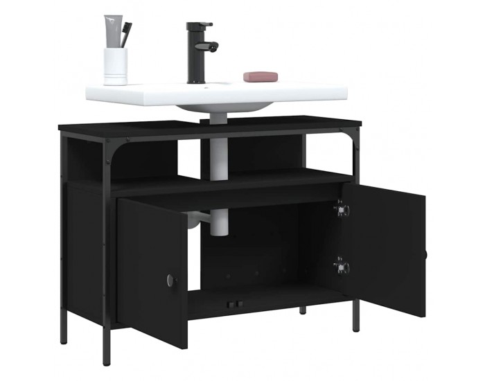 Sonata H Шкаф за мивка за баня, черен, 80x30x60 см, инженерно дърво