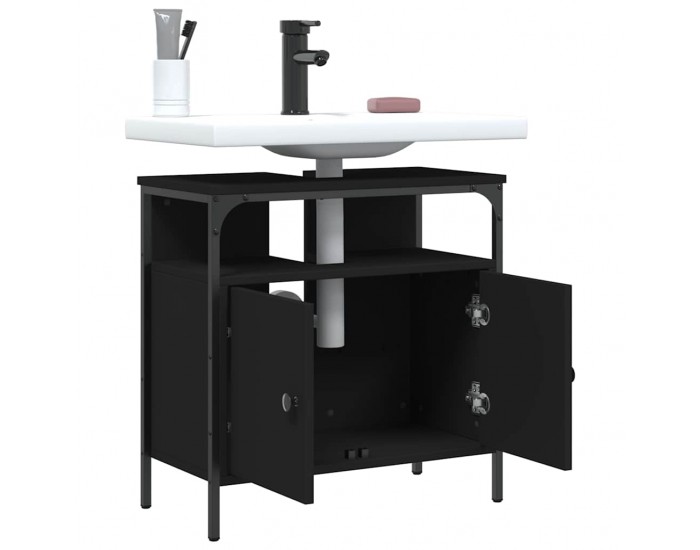 Sonata H Шкаф за мивка за баня, черен, 60x30x60 см, инженерно дърво