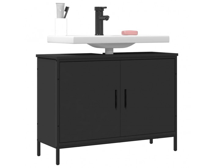Sonata H Шкаф за мивка за баня, черен, 80x30x60 см, инженерно дърво