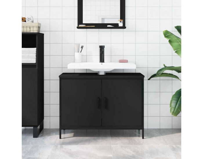 Sonata H Шкаф за мивка за баня, черен, 80x30x60 см, инженерно дърво