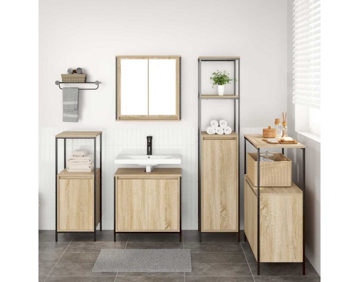 Sonata H Комплект мебели за баня с рафт с врата 5 pcs Сонома дъб и черно