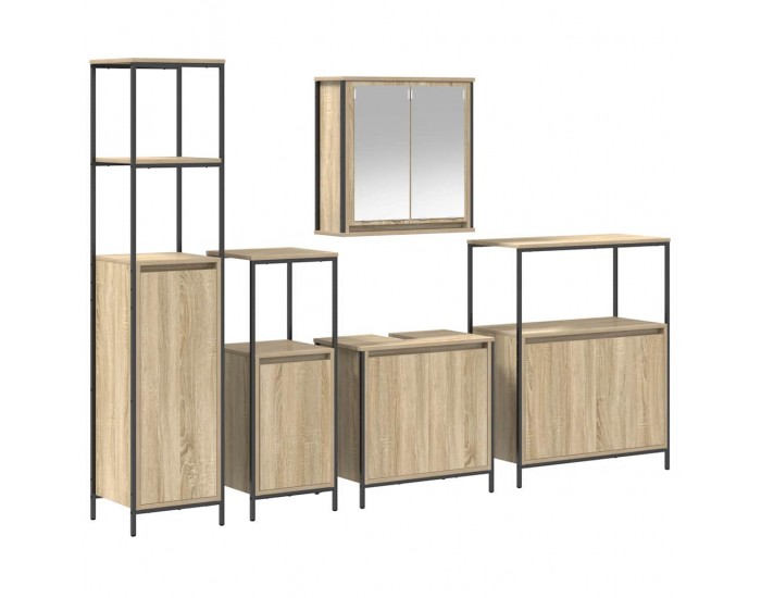 Sonata H Комплект мебели за баня с рафт с врата 5 pcs Сонома дъб и черно