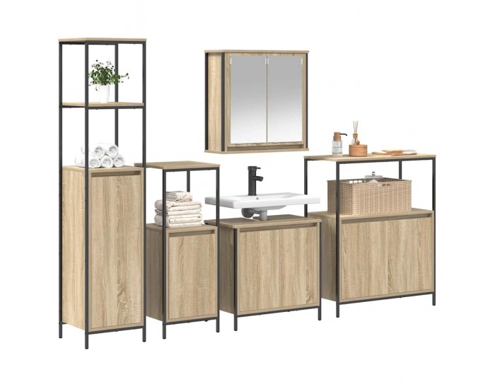 Sonata H Комплект мебели за баня с рафт с врата 5 pcs Сонома дъб и черно
