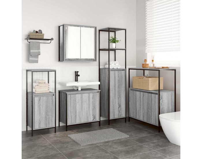 Sonata H Комплект мебели за баня с рафт с врата 5 pcs Сив сонома и Черен