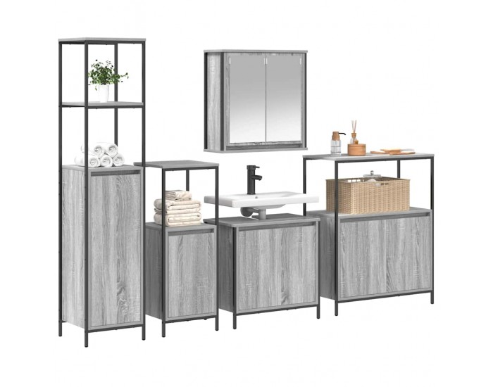 Sonata H Комплект мебели за баня с рафт с врата 5 pcs Сив сонома и Черен