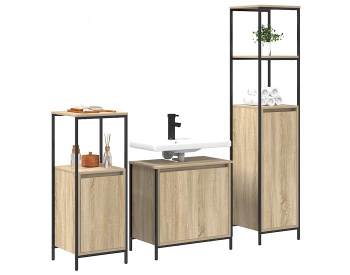 Sonata H Комплект мебели за баня с рафт с врата 3 pcs Сонома дъб и черно