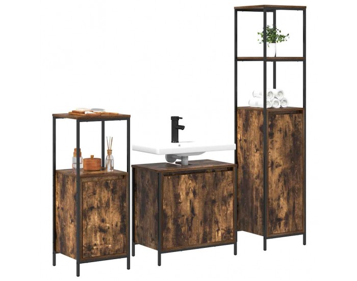 Sonata H Комплект мебели за баня с рафт с врата 3 pcs Опушен дъб и черно