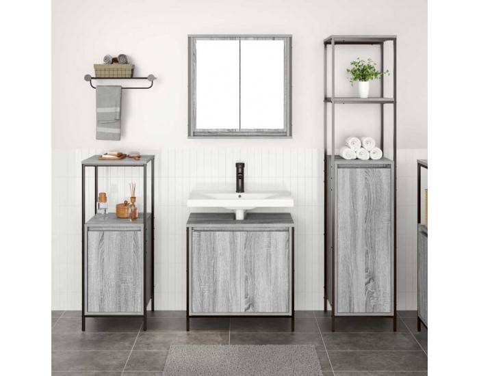 Sonata H Комплект мебели за баня с рафт с врата 3 pcs Сив сонома и Черен