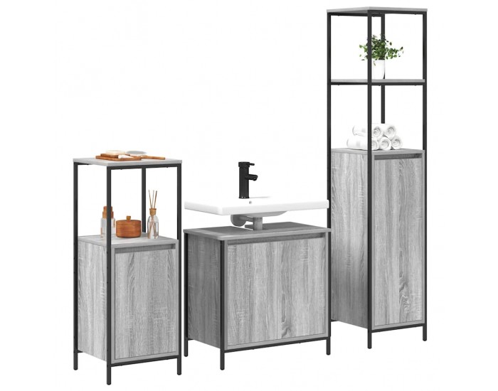 Sonata H Комплект мебели за баня с рафт с врата 3 pcs Сив сонома и Черен