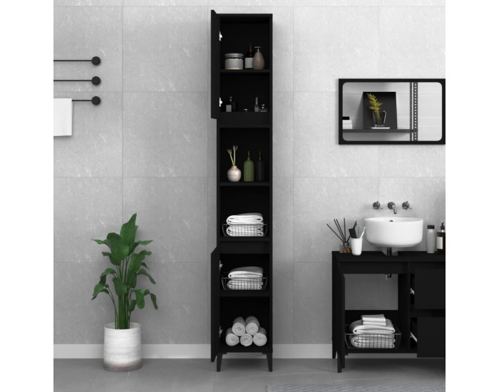 Sonata H Шкаф за баня, черен, 30x30x190 см, инженерно дърво