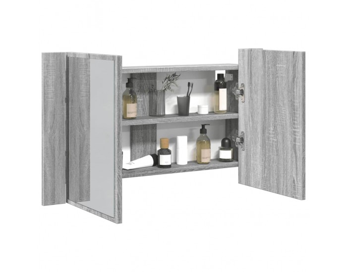 Sonata H Шкаф с LED огледало за баня, сив сонома, 80x12x45 см, акрил