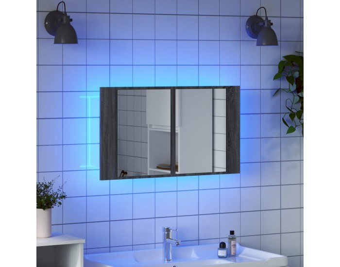 Sonata H Шкаф с LED огледало за баня, сив сонома, 80x12x45 см, акрил