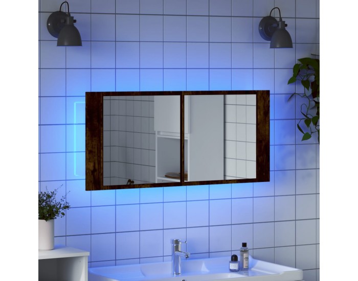 Sonata H Шкаф с LED огледало за баня, опушен дъб, 100x12x45 см