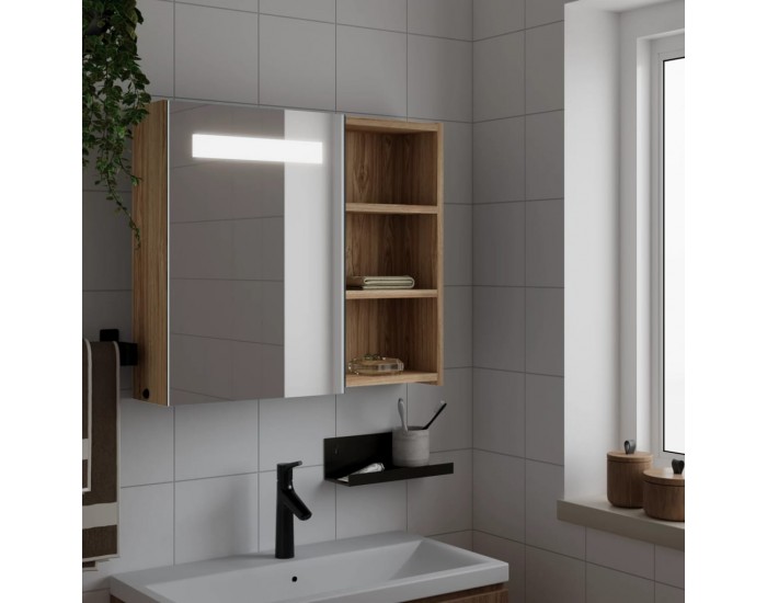 Sonata H Огледален шкаф за баня с LED светлина, дъб, 60x13x52 см