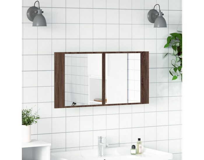 Sonata H Шкаф с LED огледало за баня, кафяв дъб, 90x12x45 см, акрил