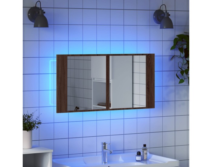 Sonata H Шкаф с LED огледало за баня, кафяв дъб, 90x12x45 см, акрил