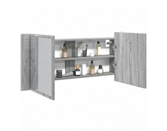 Sonata H Шкаф с LED огледало за баня, сив сонома, 100x12x45 см