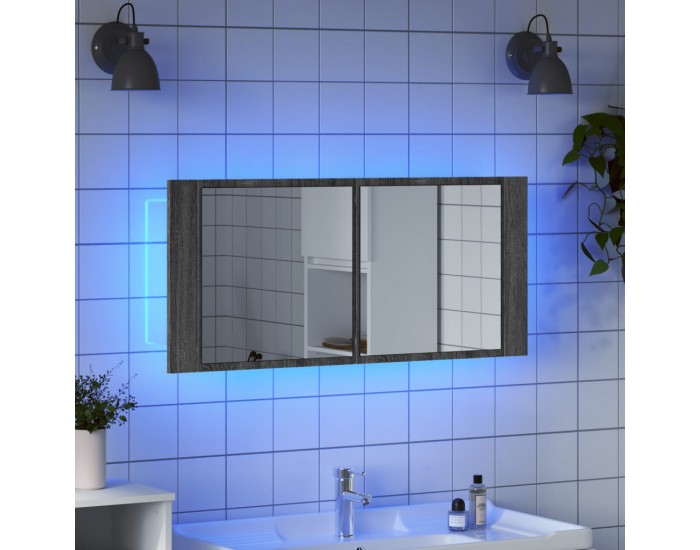 Sonata H Шкаф с LED огледало за баня, сив сонома, 100x12x45 см